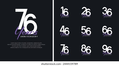 set of anniversary logo flat white color number and purple text on black background for celebration
