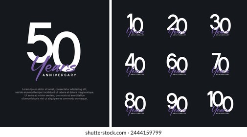 conjunto de logotipo de aniversario número de color blanco plano y texto púrpura sobre fondo negro para la celebración