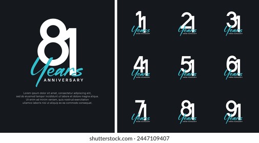 set of anniversary logo flat white color number and blue text on black background for celebration