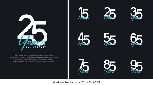 set of anniversary logo flat white color number and blue text on black background for celebration