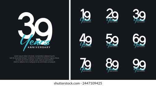 conjunto de logotipo de aniversario número de color blanco plano y texto azul sobre fondo negro para la celebración