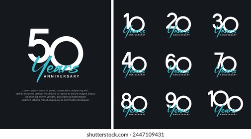 conjunto de logotipo de aniversario número de color blanco plano y texto azul sobre fondo negro para la celebración