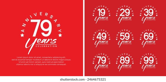conjunto de logotipo de aniversario número de color blanco plano y texto blanco sobre fondo rojo para la celebración