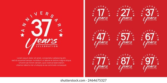 conjunto de logotipo de aniversario número de color blanco plano y texto blanco sobre fondo rojo para la celebración