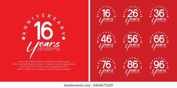 conjunto de logotipo de aniversario número de color blanco plano y texto blanco sobre fondo rojo para la celebración