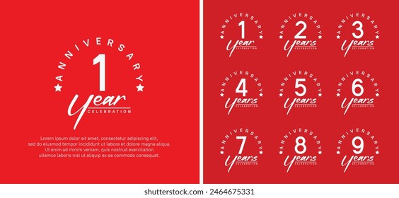 set of anniversary logo flat white color number and white text on red background for celebration