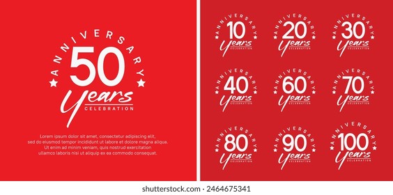 set of anniversary logo flat white color number and white text on red background for celebration