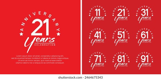 set of anniversary logo flat white color number and white text on red background for celebration