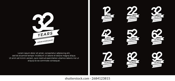 Conjunto de logotipo de aniversario de color blanco plano sobre fondo negro para el momento de la celebración