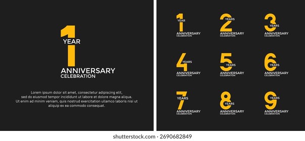 Conjunto de logotipo de aniversario plano color blanco y amarillo sobre fondo negro para el momento de la celebración