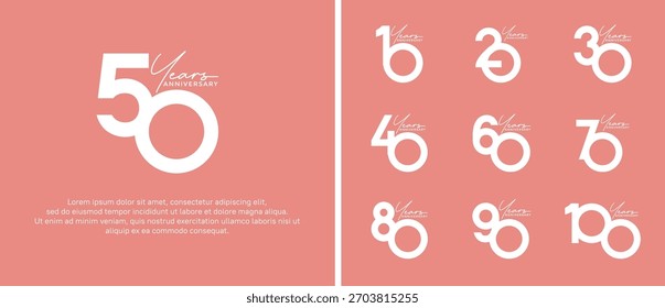 Conjunto de logotipo de aniversario de color blanco plano sobre fondo rosa para el momento de la celebración