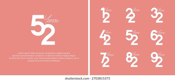 Conjunto de logotipo de aniversario de color blanco plano sobre fondo rosa para el momento de la celebración