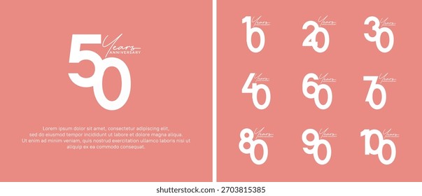 Set Jubiläums-Logo, flache weiße Farbe auf rosafarbenem Hintergrund für Feierlichkeiten