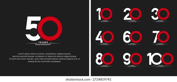 Set Jubiläums-Logo, flache weiße und rote Farbe auf schwarzem Hintergrund für Feierlichkeiten