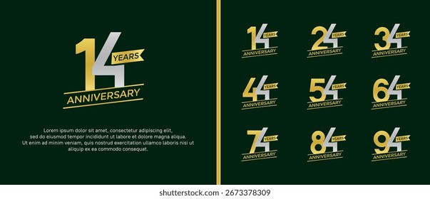 Set Jubiläums-Logo, flache gelbe und silberne Farbe auf grünem Hintergrund für Feierlichkeiten