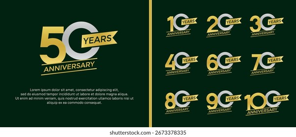 Set Jubiläums-Logo, flache gelbe und silberne Farbe auf grünem Hintergrund für Feierlichkeiten