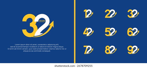 Conjunto de logotipo de aniversario de color amarillo y blanco plano sobre fondo azul para el momento de la celebración