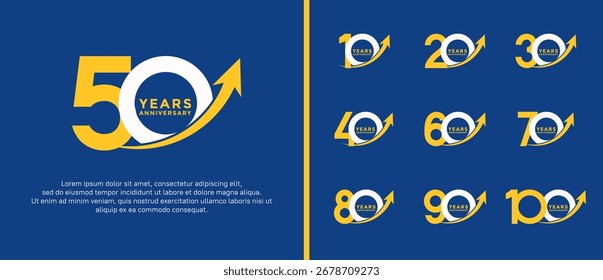 Conjunto de logotipo de aniversario de color amarillo y blanco plano sobre fondo azul para el momento de la celebración