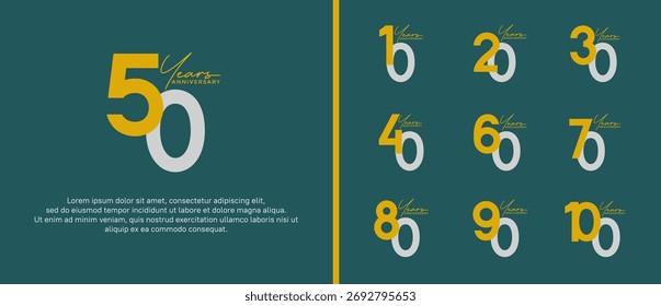 Set Jubiläums-Logo, flache gelbe und silberne Farbe auf grünem Hintergrund für Feierlichkeiten