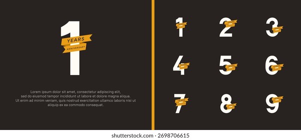 Conjunto de logotipo de aniversario de color amarillo y blanco plano, cinta amarilla para el momento de la celebración