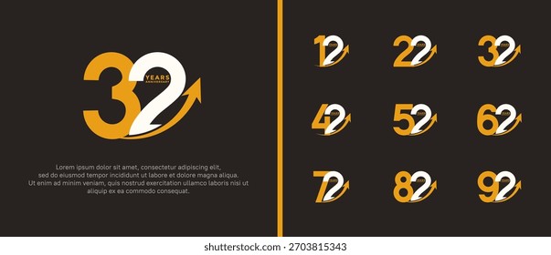 Conjunto de logotipo de aniversario de color amarillo y blanco plano sobre fondo marrón para el momento de la celebración