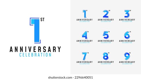 Conjunto de logotipo de aniversario con forma geométrica. Número de cumpleaños para el momento de celebración. Plantilla vectorial de año de celebración de concepto digital y tecnología