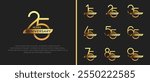 set of anniversary logo gold color and ribbon on black background for celebration moment