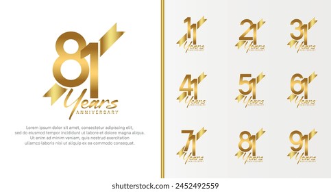 set of anniversary logo gold color number and golden ribbon on white background for celebration