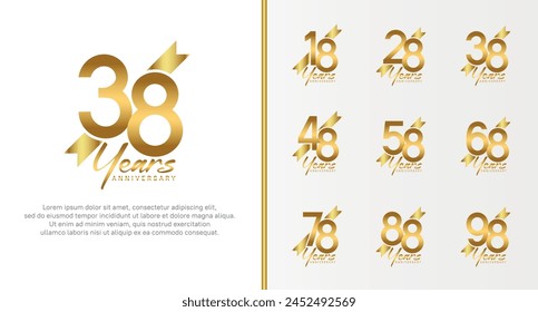 set of anniversary logo gold color number and golden ribbon on white background for celebration