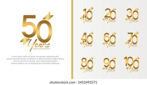 set of anniversary logo gold color number and golden ribbon on white background for celebration