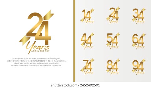 set of anniversary logo gold color number and golden ribbon on white background for celebration