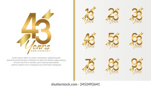 set of anniversary logo gold color number and golden ribbon on white background for celebration