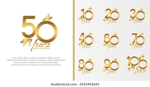 set of anniversary logo gold color number and golden ribbon on white background for celebration