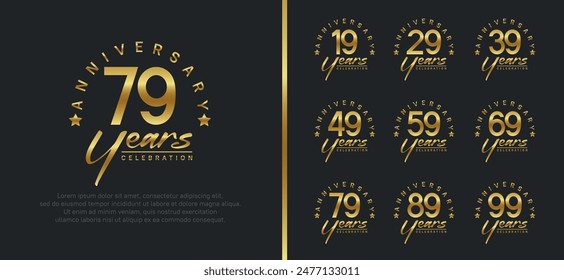 conjunto de logotipo de aniversario número de color dorado y texto dorado sobre fondo negro para la celebración