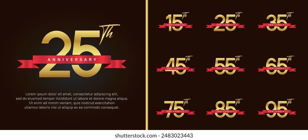 set of anniversary logo gold color number and red ribbon on brown background for celebration