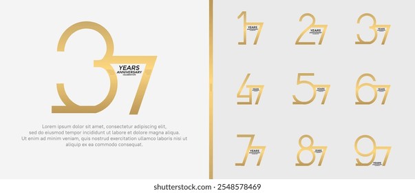 Conjunto de logotipo de aniversario de color dorado sobre fondo blanco para el momento de la celebración