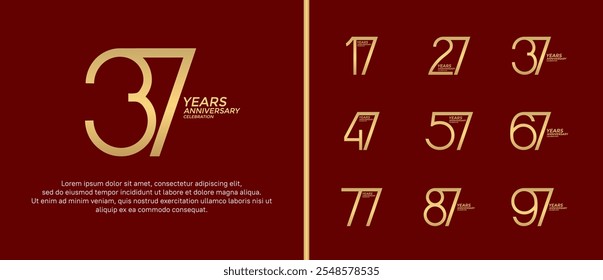 Conjunto de logotipo de aniversario de color dorado sobre fondo rojo para el momento de celebración