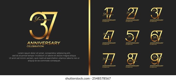 Conjunto de logotipo de aniversario de color dorado sobre fondo negro para el momento de celebración