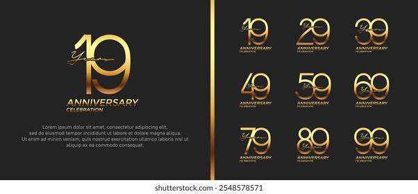 set of anniversary logo gold color on black background for celebration moment