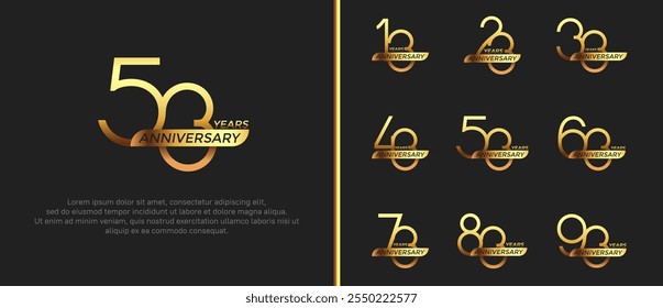 set of anniversary logo gold color and ribbon on black background for celebration moment