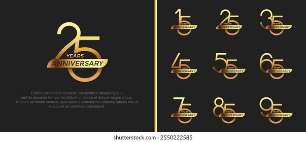 set of anniversary logo gold color and ribbon on black background for celebration moment