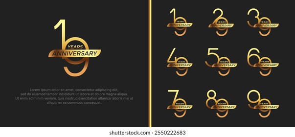 set of anniversary logo gold color and ribbon on black background for celebration moment