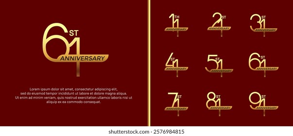 set of anniversary logo gold color and golden ribbon on red background for celebration moment