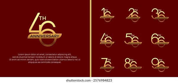 set of anniversary logo gold color and golden ribbon on red background for celebration moment