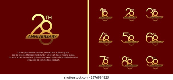 set of anniversary logo gold color and golden ribbon on red background for celebration moment