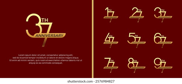 set of anniversary logo gold color and golden ribbon on red background for celebration moment