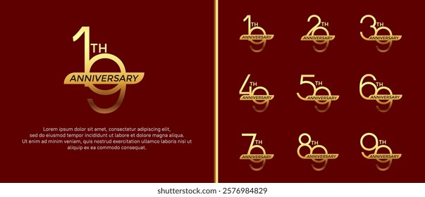 set of anniversary logo gold color and golden ribbon on red background for celebration moment