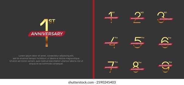 set of anniversary logo gold color and red ribbon on black background for celebration moment