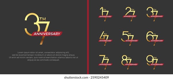 set of anniversary logo gold color and red ribbon on black background for celebration moment