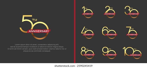 set of anniversary logo gold color and red ribbon on black background for celebration moment